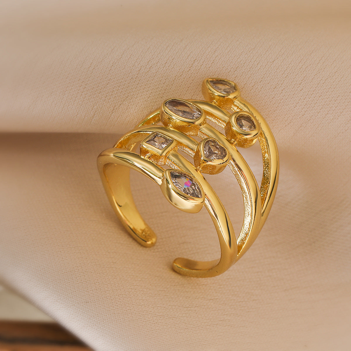Minimalist Irregular Geometric Copper Ring with 18K Gold Plating and Zircon for Women