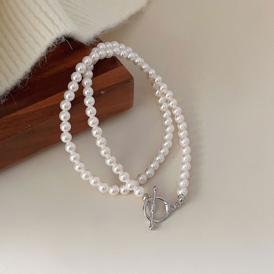 Sweet 925 Sterling Silver Geometric Round Crystal Pearl Necklace for Women