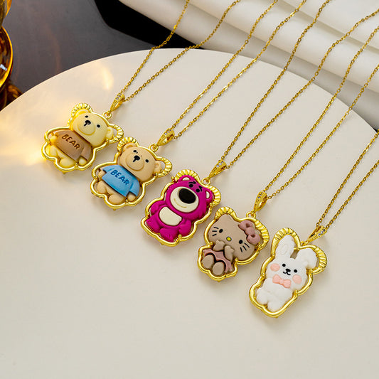 Cartoon Strawberry Bear and Bunny Pendant Necklace in Titanium Steel with Inlay Detail, Cute Animal-Themed Jewelry for Women