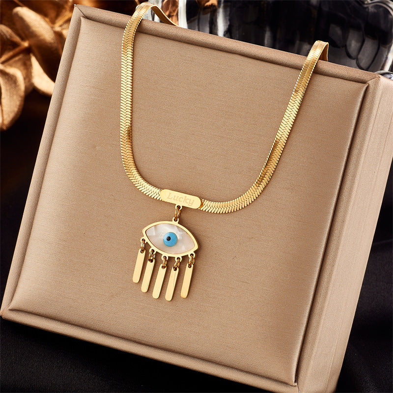 Vintage U-Shaped Snake Chain Necklace in Titanium Steel with Blue Eye Pendant and Fringe Detail