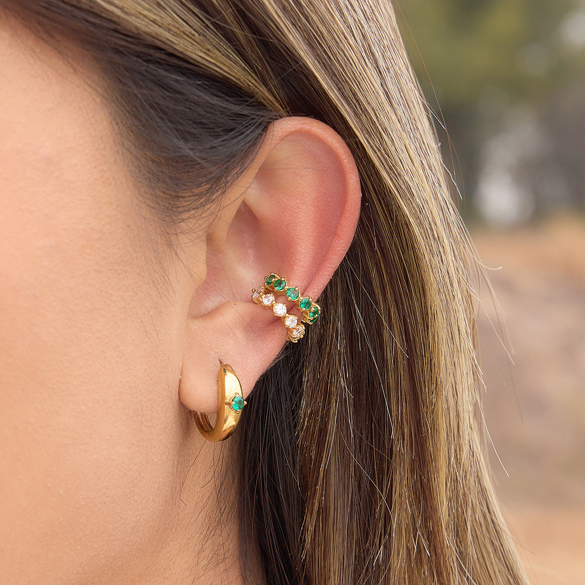 Elegant Green Cubic Zirconia Geometric Square Plated Stainless Steel Tassel Clip-on Earrings for Women