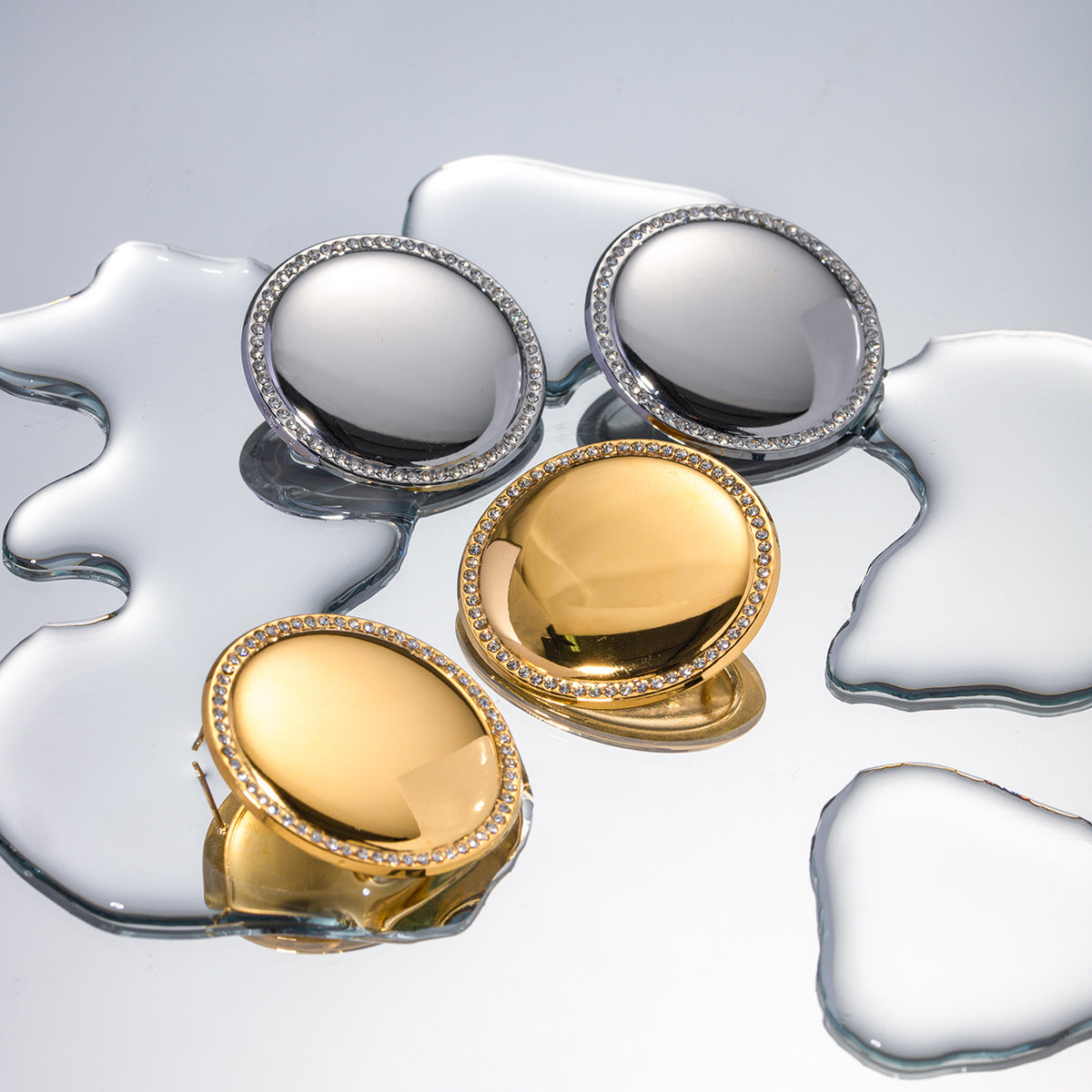Trendy Geometric Round Disc Earrings 18K Gold Plated Stainless Steel Rhinestone Inlay for Women