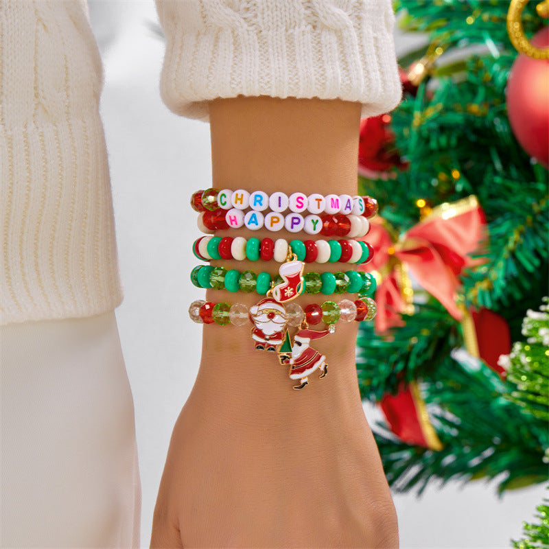 Handmade Christmas Style Beaded Bracelet Set with Alphabet Charms and Polymer Clay Beads in Alloy for Unisex Wear