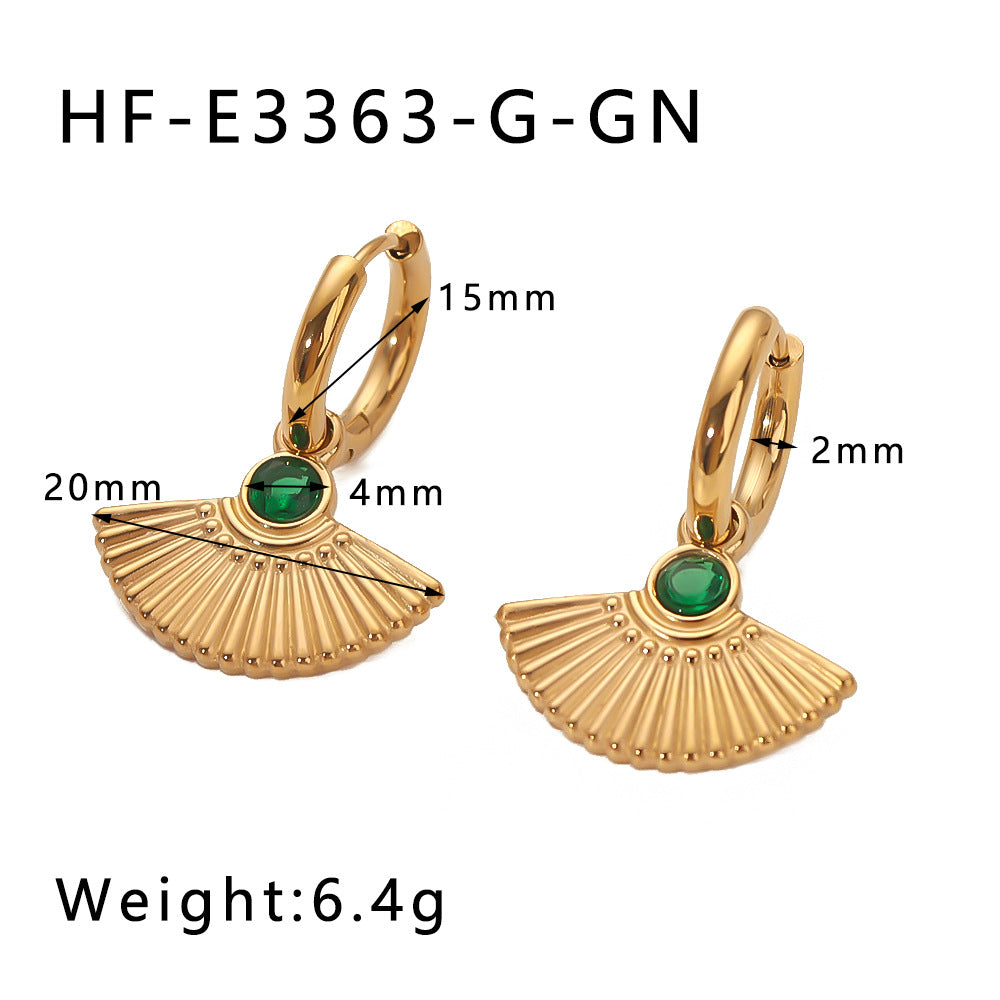 Orecchini Geometrici Vintage a Coda di Pesce a Ventaglio con Zircone Bianco e Smeraldo, Acciaio Inossidabile Placcato Oro 18K da Donna