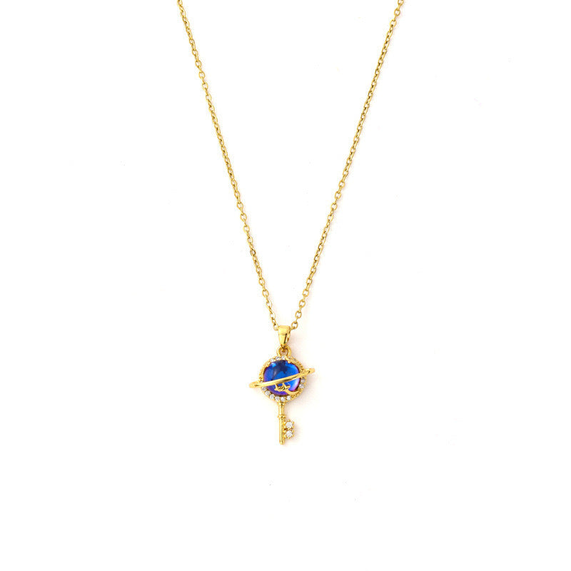 Romantic Starry Sky Glass Stone Key Pendant Necklace in Titanium Steel with Plated Finish on O-Chain