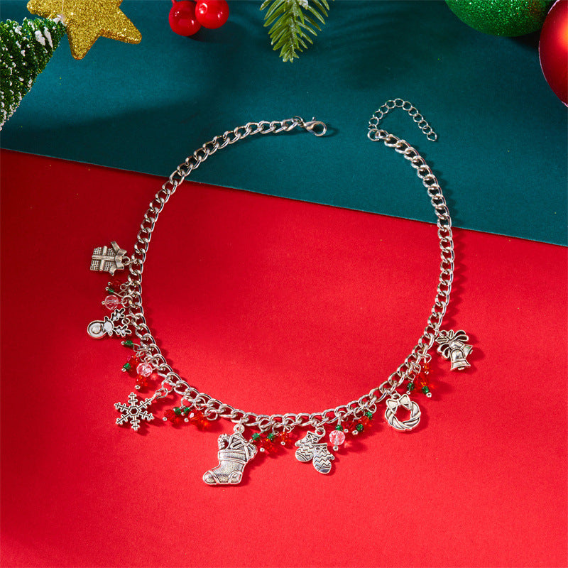 Collar con colgante de árbol de Navidad con campana y copo de nieve, estilo vintage, de aleación chapada con cadena en O, para mujer