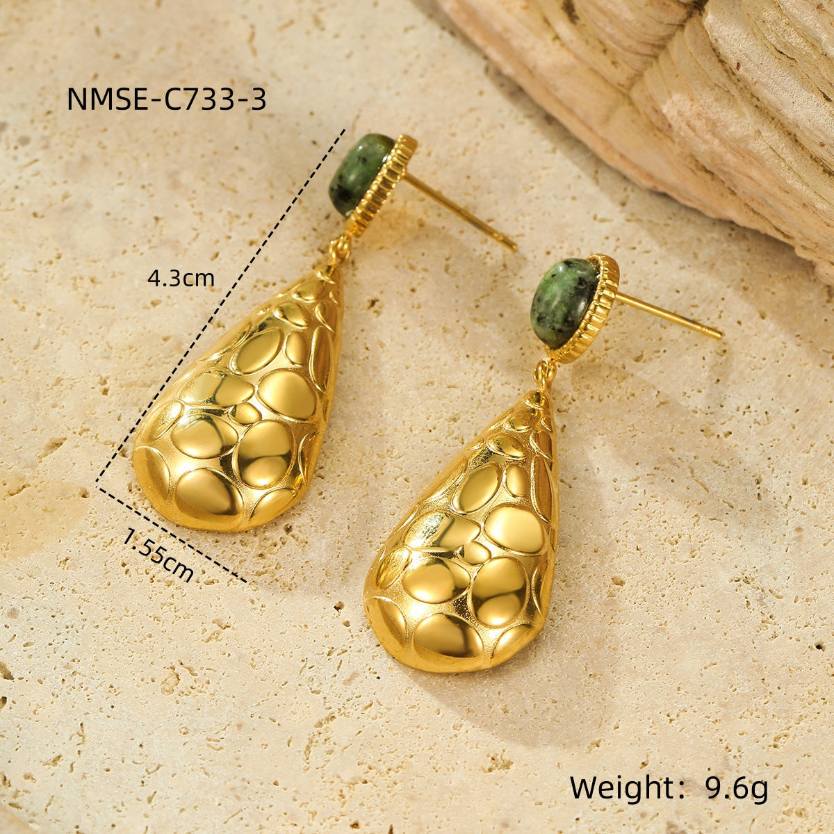 Fashionable Water-Drop-Shaped Stainless Steel Stud Earrings with Natural Stone Inlay and Plated Finish for Women