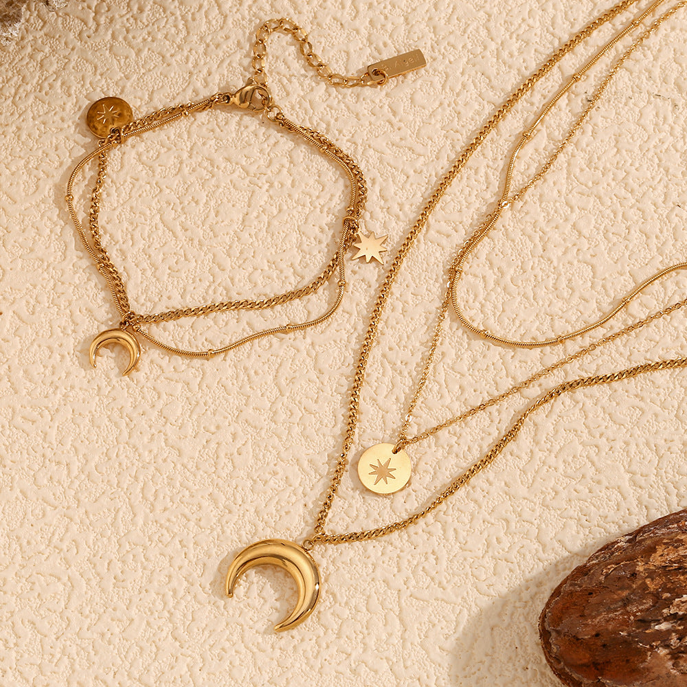 Vintage-Style Geometric Moon and Eight-Pointed Star Pendant Necklace Set in Stainless Steel with 18K Gold Plating for Women