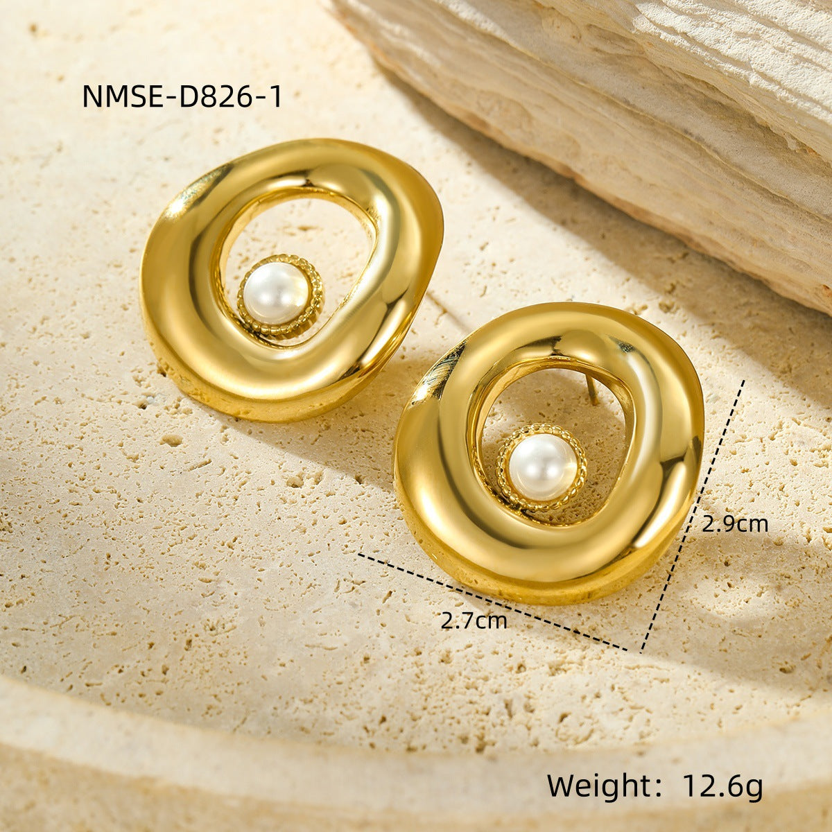 Pendientes de mujer de estilo francés vintage con forma geométrica irregular redonda calada en acero de titanio con incrustaciones de piedra natural y acabado chapado