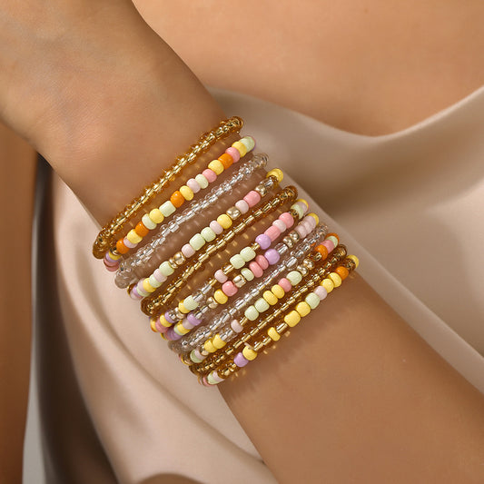 Bohemian Sweet Handmade Geometric Glass Seed Bead Crystal Multi-layer Stretch Bracelet for Women