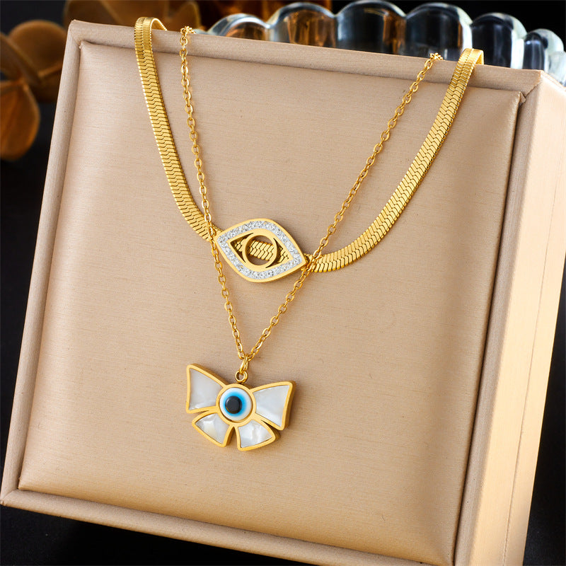 Vintage Fashion Stainless Steel Multi-Layer Irregular Heart Floral Bow Pendant Necklace
