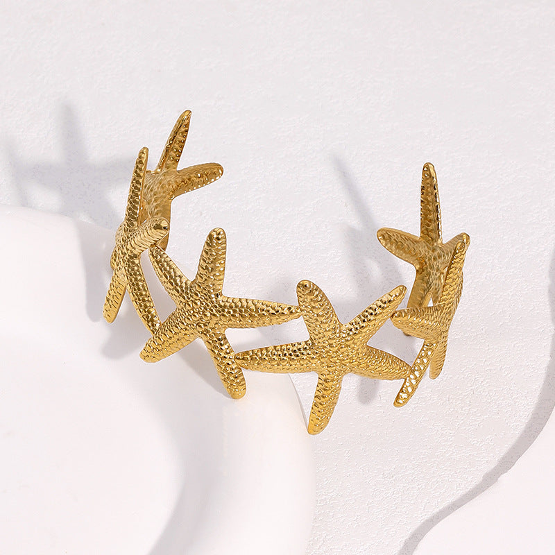 Minimalist 18K Gold Plated Stainless Steel Open Cuff Bracelet with Starfish Design