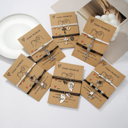 Ethnic Style Geometric Alloy Bracelet Set for Couples and Friends Handmade with Heart Cross and Crown Charms