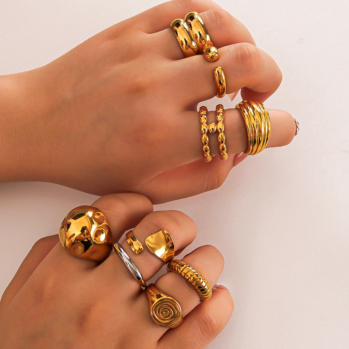 Asymmetrical Irregular Textured Stainless Steel Ring with Wavy Leaf and Geometric Shape Design