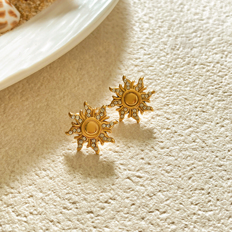 Sweet Sunflower Plant Brass Stud Earrings with Stainless Steel Posts