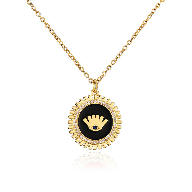 Gold Plated Brass Geometric Eye Pendant Necklace with Black White Red Drip Oil and Cubic Zirconia Inlay for Women