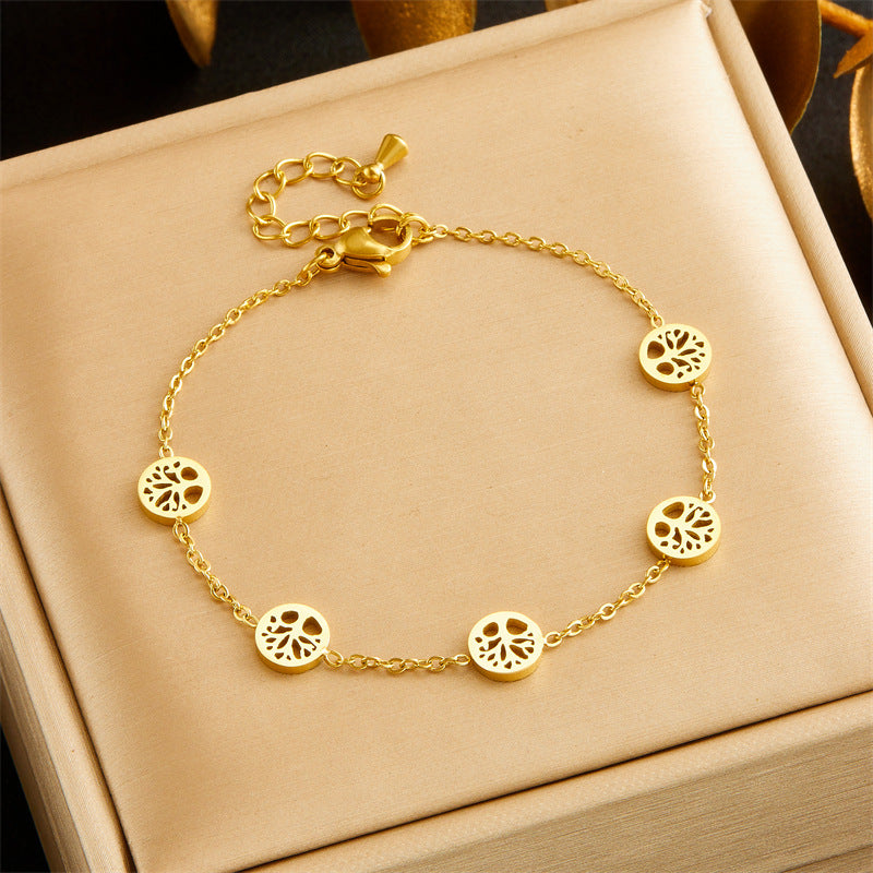 Set di collana, orecchini e bracciale con ciondolo tondo ad albero placcato in acciaio inossidabile, stile chic da ufficio minimalista