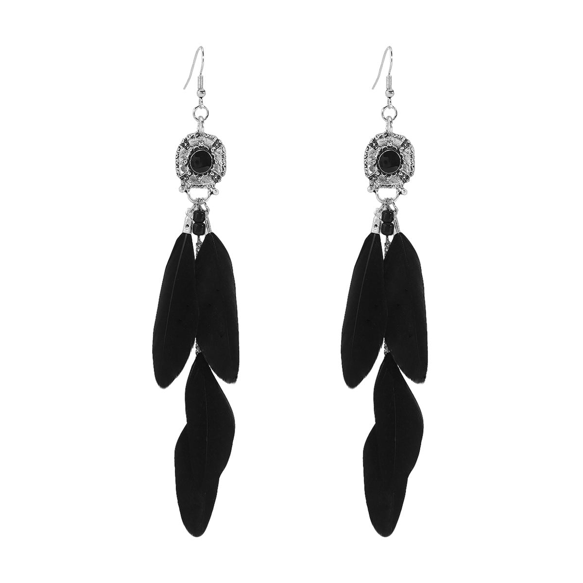 Bohemian Ethnic Vintage Feather Tassel Long Dangle Earrings in Zinc Alloy with Electroplated Finish for Women