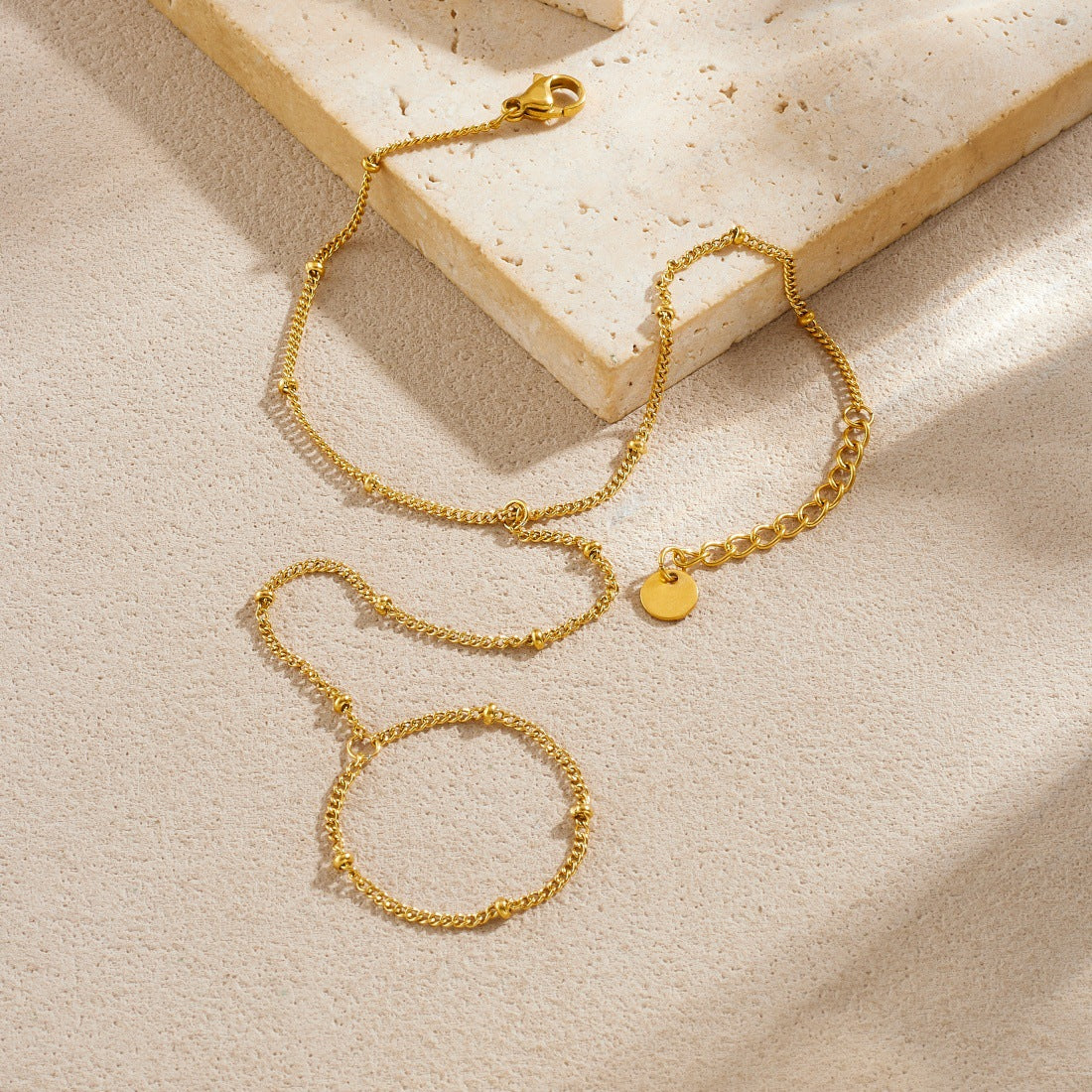 Minimalist Sweet Gold Plated Stainless Steel Beaded Chain Hand Chain Ring Bracelet for Women