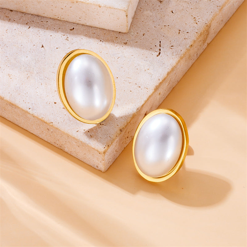 Pendientes de acero inoxidable bañados, con perlas ovaladas, de estilo geométrico, minimalistas e inspirados en lo vintage para mujer