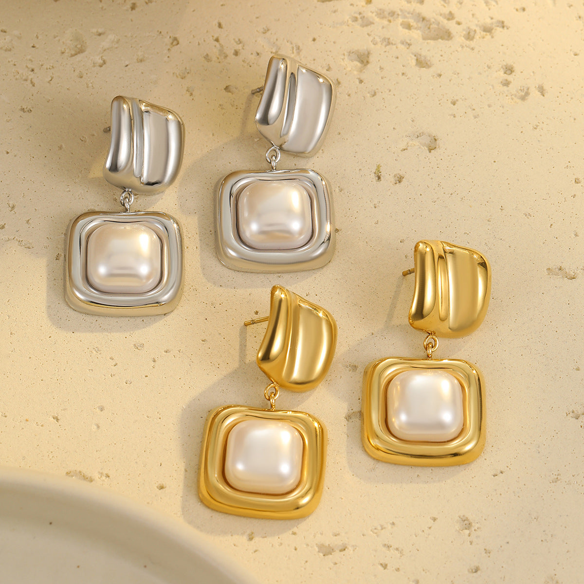 French Vintage Geometric Square Irregular Pearl Earrings for Women Stainless Steel Plated with 18K Gold Luxury Minimalist Fashion Ear Jewelry