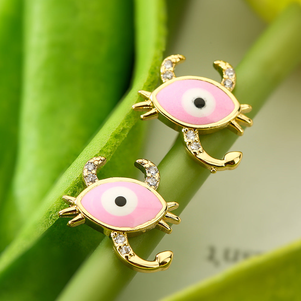 Geometric Demon Eye Earrings for Women with Copper Base Plated in 18K Gold and Enamel Finish, Micro-Paved Zirconia