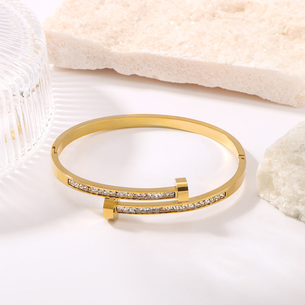 Asymmetrical Titanium Steel Bracelet with 18K Gold Plating and Zircon Inlay, Open-Disc Design for Women