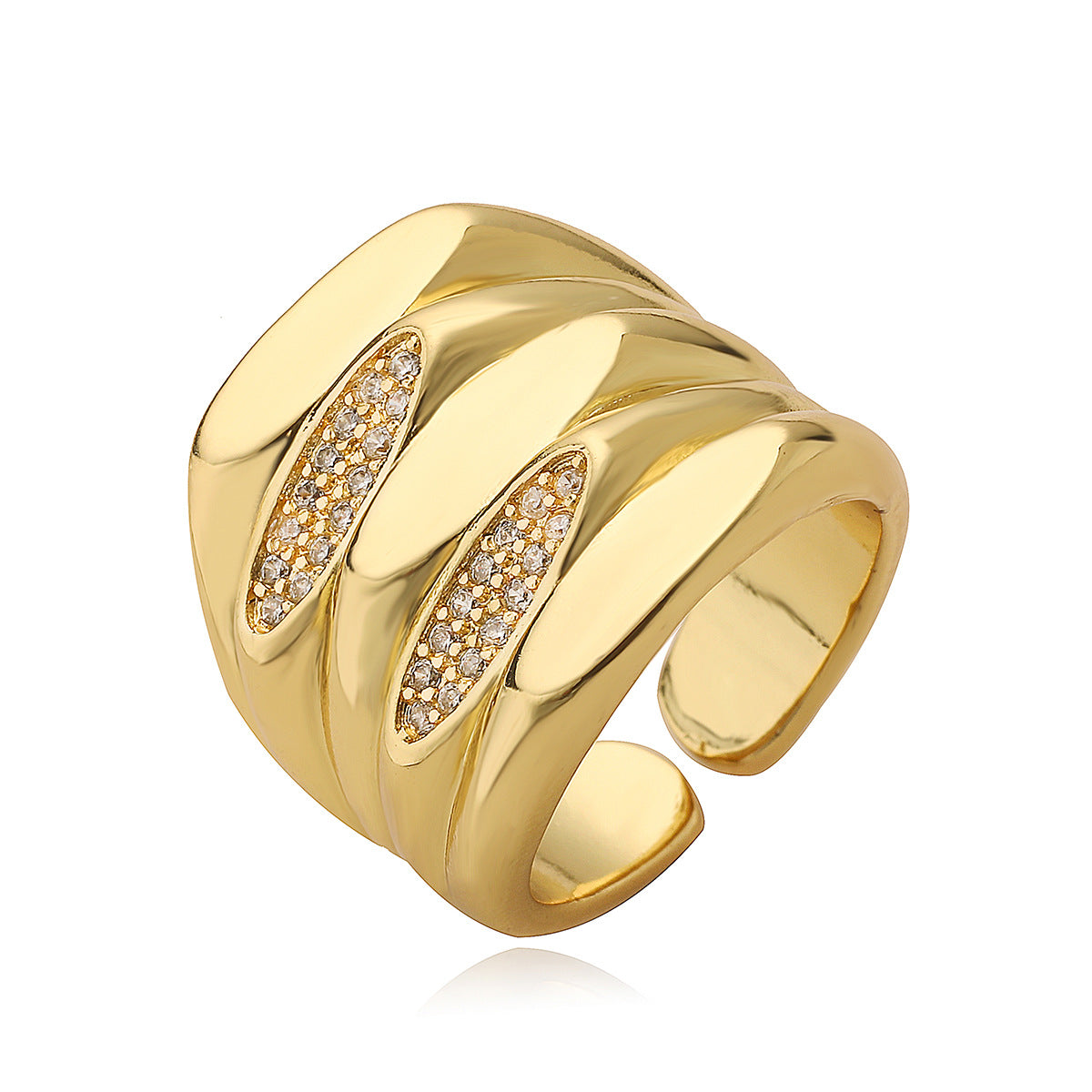 Minimalist Geometric Open Ring for Women in Brass with 18K Gold Plating and Zircon Inlay