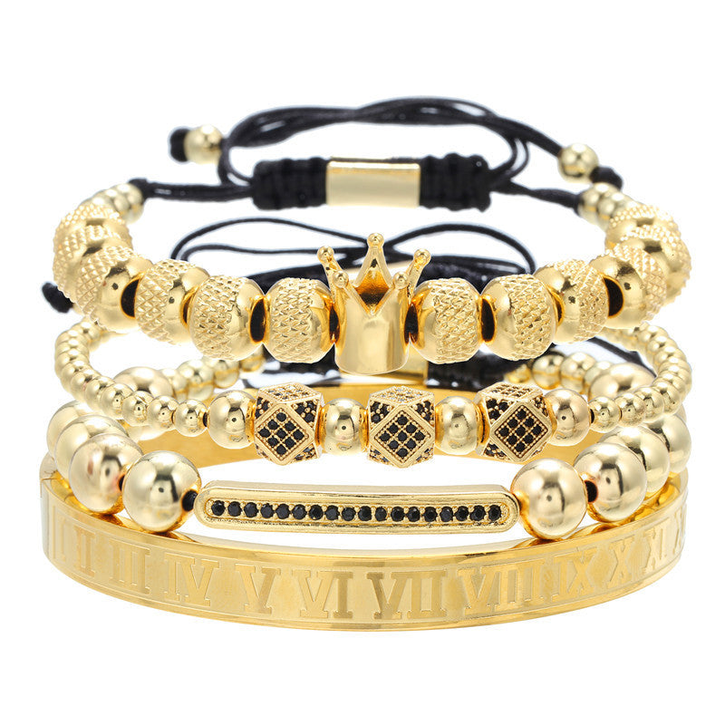 Geometric Crown-Shaped Titanium Steel Bracelet Set with Rhinestone Inlay and Plated Finish for Men and Women