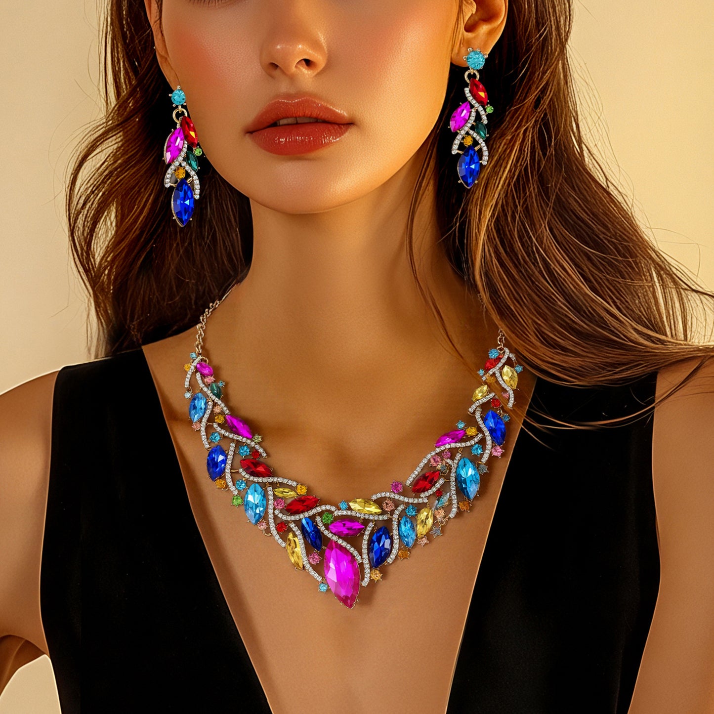 Fashion OL Floral and Teardrop-Shaped Zinc Alloy Plated Necklace Set with Rhinestone Pendant for Women
