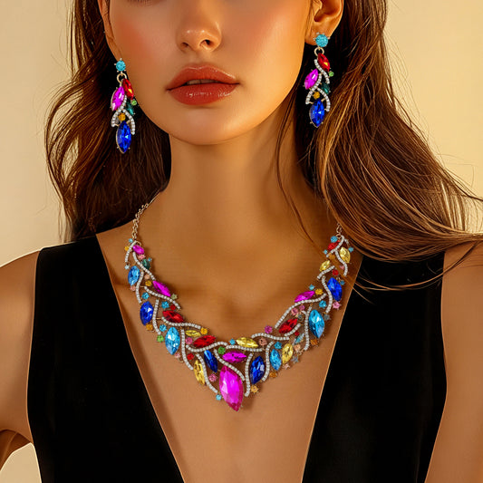Juego de collar con dije de diamantes de imitación de aleación de zinc chapado en forma de lágrima y floral OL de moda para mujer