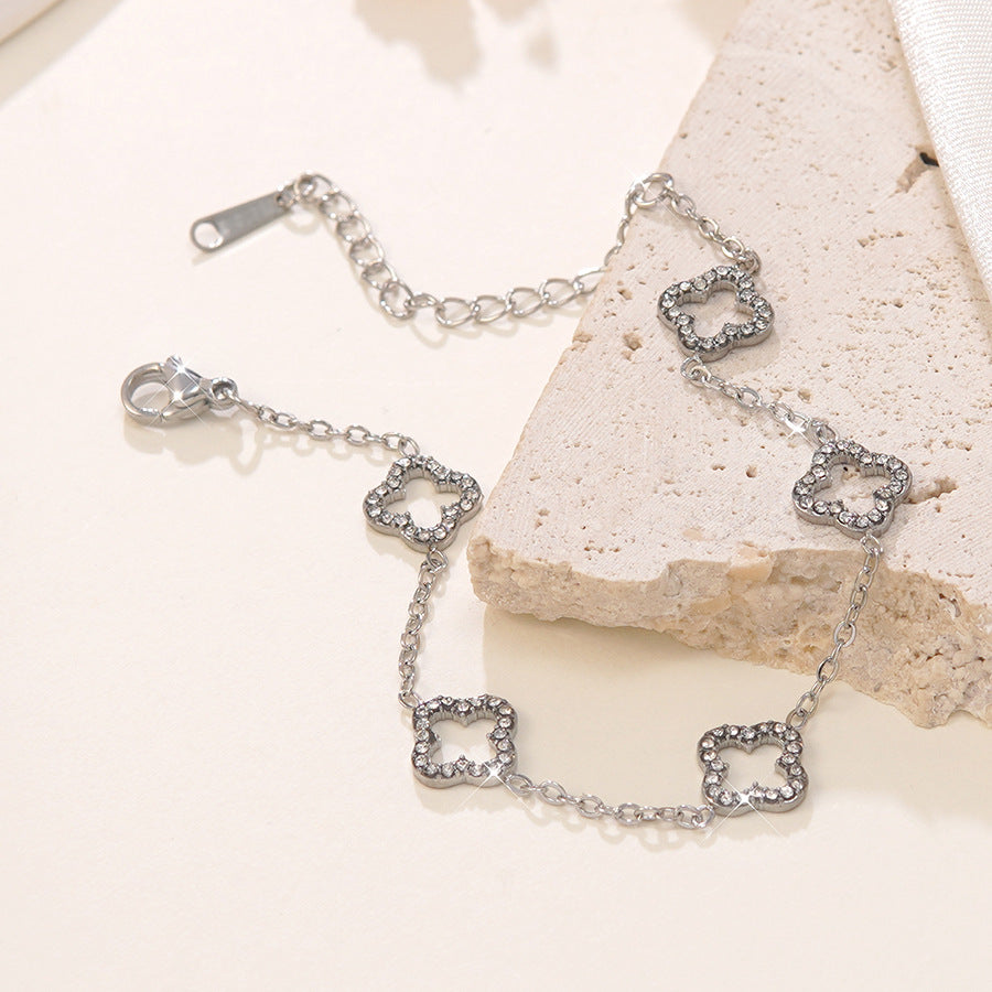 Elegant Stainless Steel Four-Leaf Clover Rhinestone Bracelet for Women