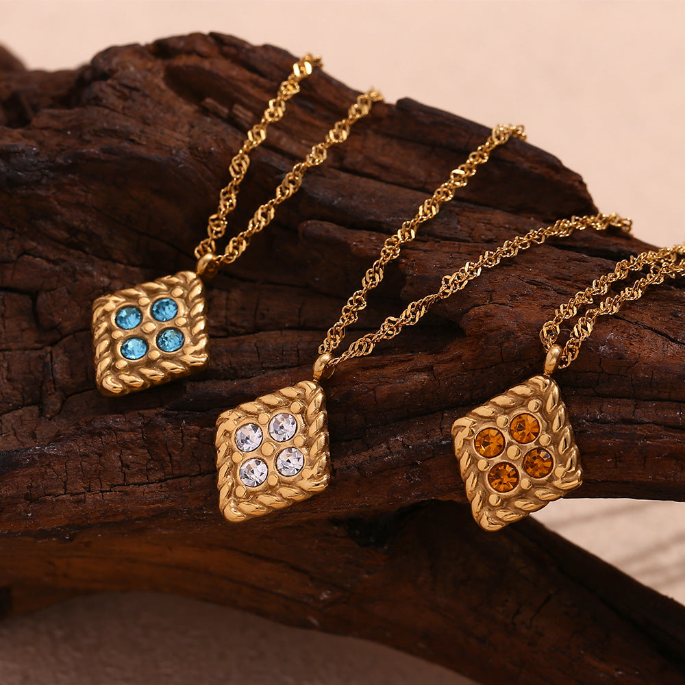 Minimalist Geometric Rhombus Pendant Necklace in Stainless Steel with 18K Gold Plating and Four Rhinestones for Women