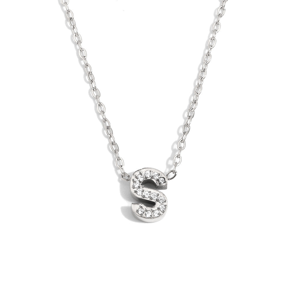 Minimalist Fashion Letter Pendant Necklace for Women Stainless Steel with 18K Gold Plating and Rhinestone Inlay