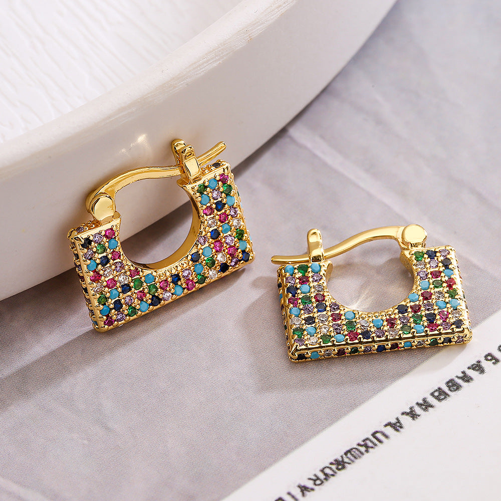 Vintage Luxury Geometric Earrings for Women with Brass Base Plated in Real Gold and Zircon Inlay