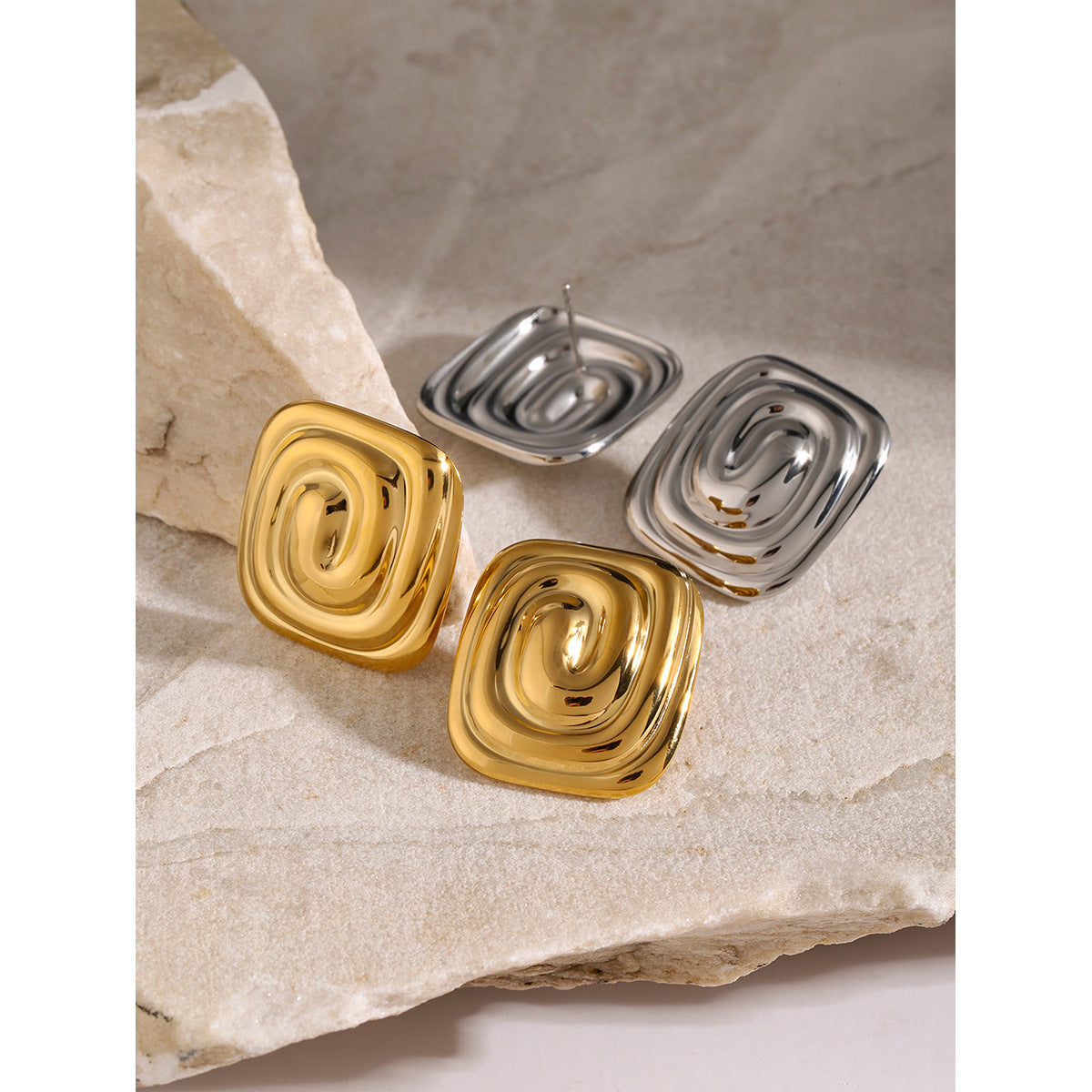 Orecchini a spirale rettangolari geometrici in acciaio inossidabile placcato oro 18K di tendenza per donna
