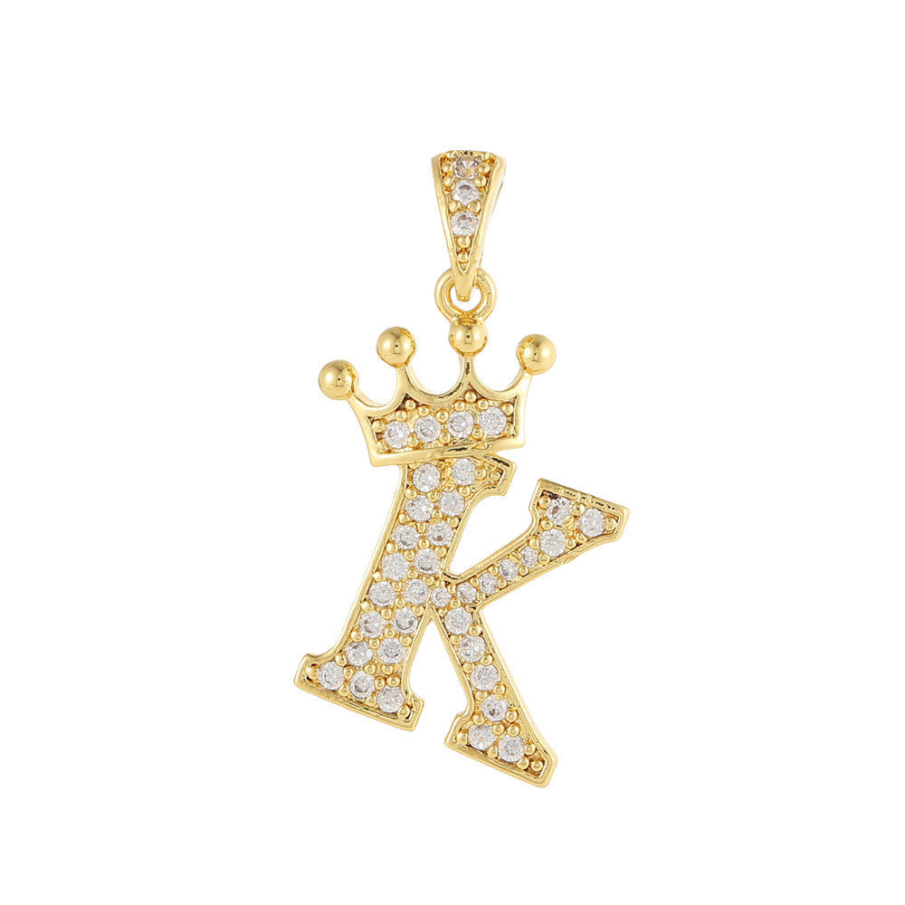 Gold Plated Brass Crown Letter Charm Bar with Cubic Zirconia for DIY Necklace Bracelet