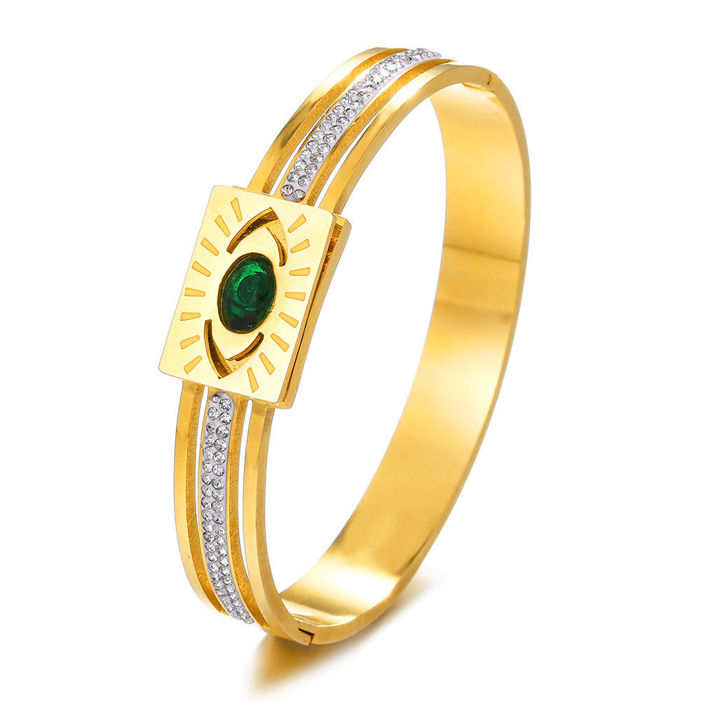 Streetwear 18K Gold PVD Stainless Steel Evil Eye Diamond Inlay Spring Clasp Bangle