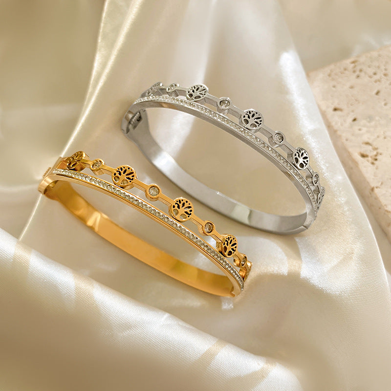 Vintage Double Layer Tree Hollow Titanium Steel Bracelet for Women