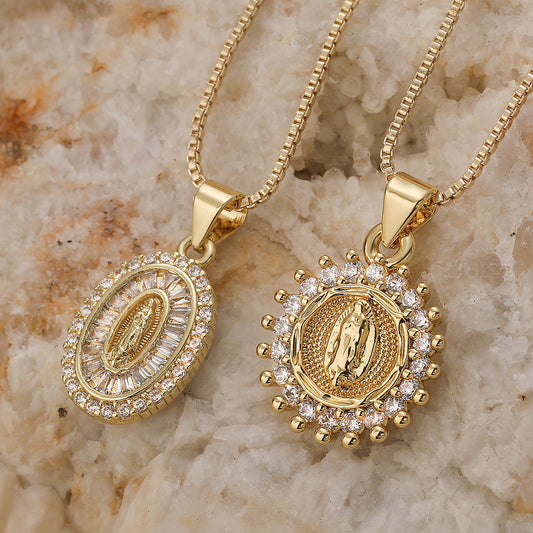 Minimalist Gold Plated Brass Geometric Virgin Mary Cubic Zirconia Pendant Necklace for Women