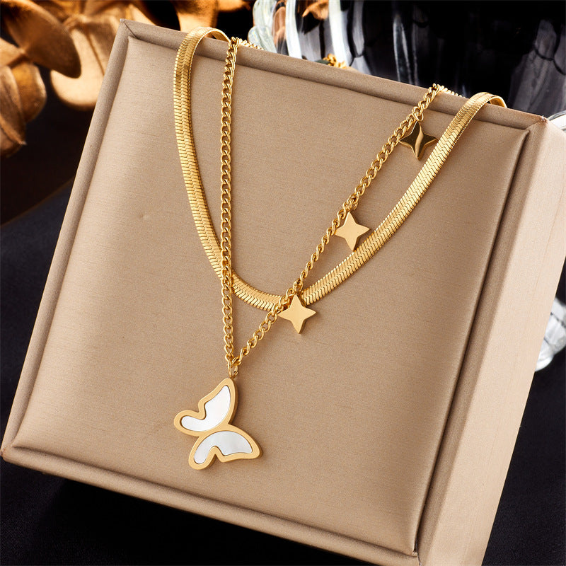 Minimalist Butterfly and Star Pendant Necklace in Titanium Steel with Plated Finish for Women