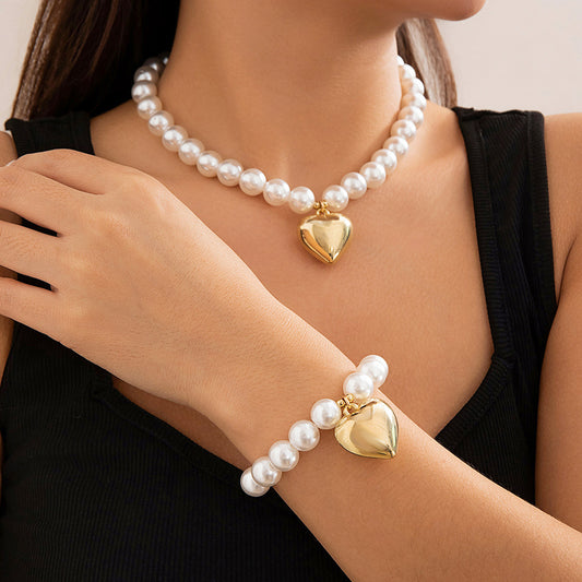 Geometric Heart Faux Pearl Ball Chain Necklace for Women