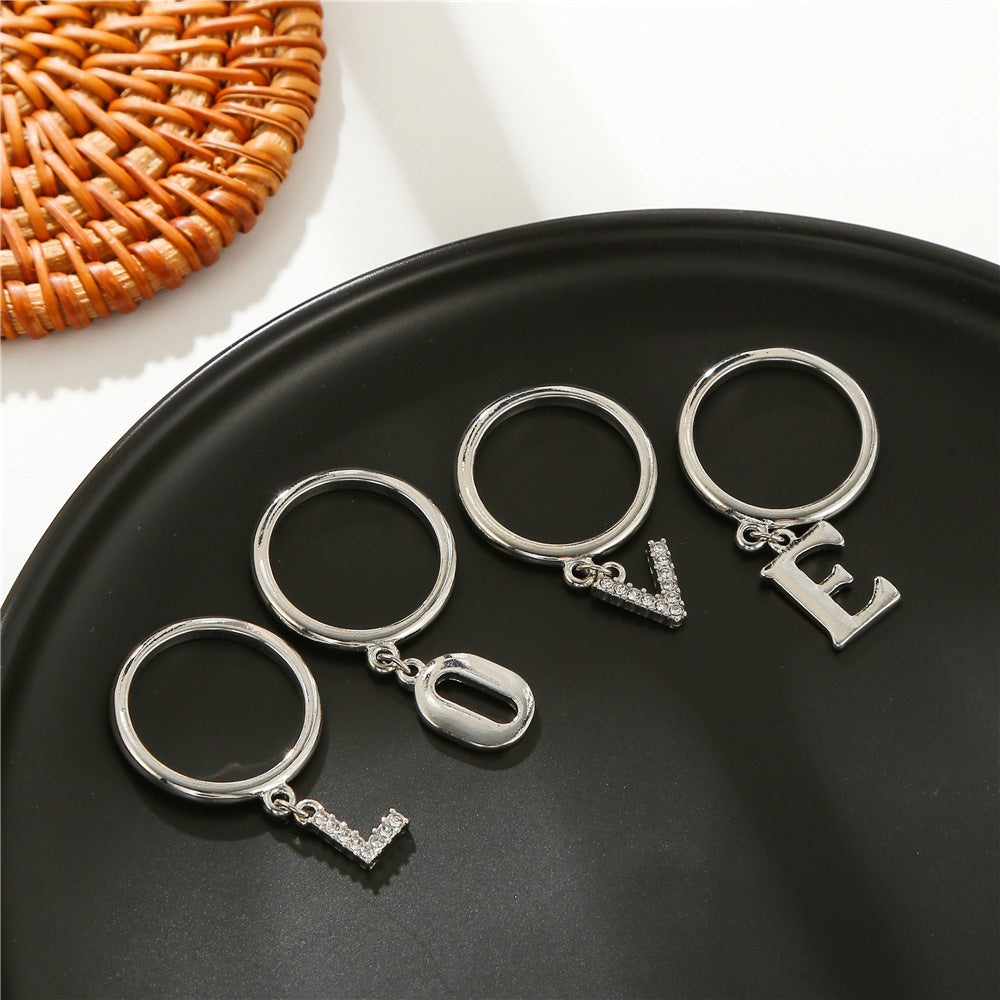 Sweet Geometric Letter Alloy Ring with Rhinestone Inlay LOVE Design Set of 4
