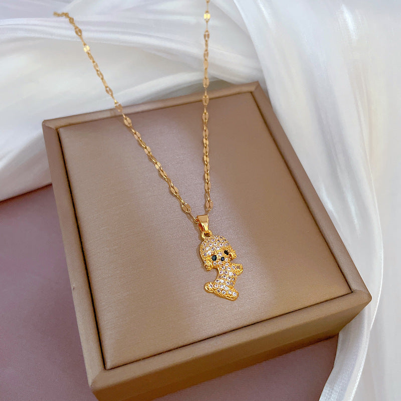 Luxury Cute Geometric Dog Pendant Necklace Titanium Steel Rhinestone Inlaid