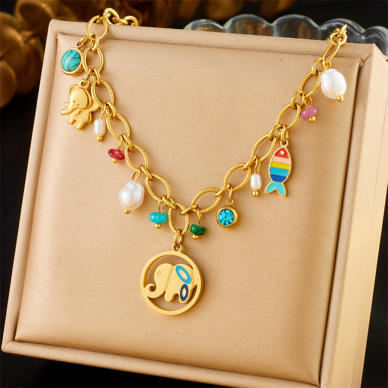 Sweet Cartoon Round Hollow Drip Oil Elephant Pendant Stainless Steel Necklace for Women
