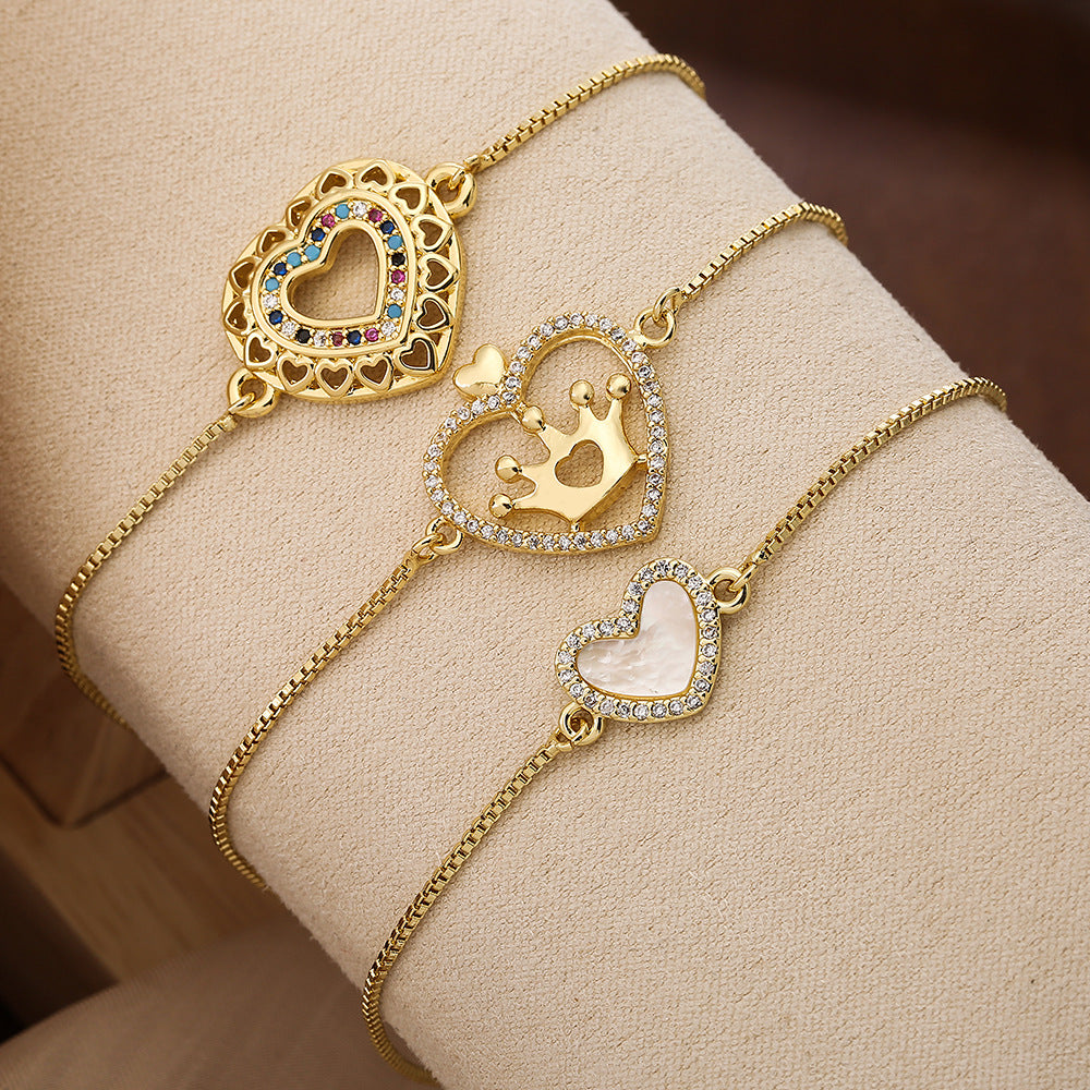 Bracciale da donna minimalista con cuore placcato oro, in rame, regolabile con cordino e zirconia micro-pavé