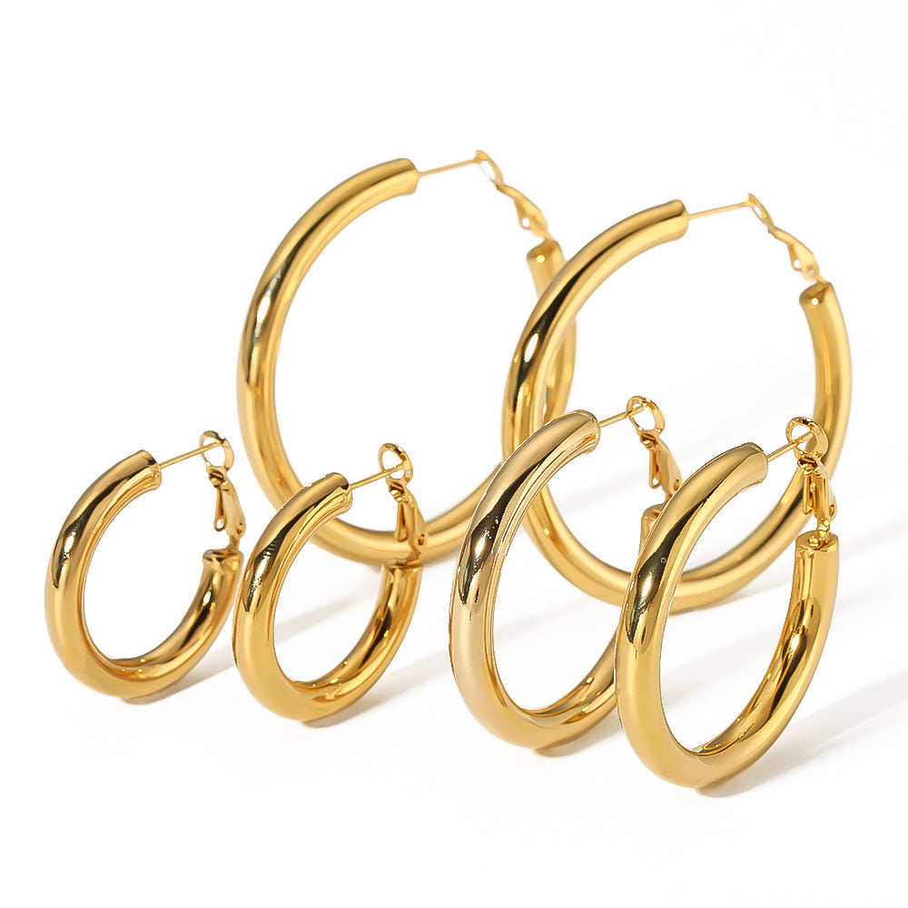 Retro Hip-Hop Minimalist Round Stainless Steel Hollow Hoop Earrings with 18K Gold Plating for Women
