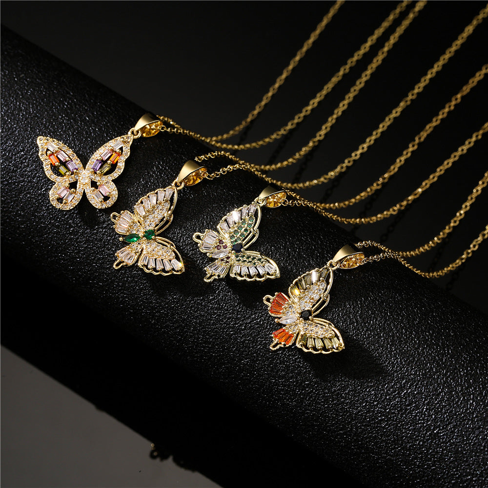 Elegant Gold Plated Brass Geometric Butterfly Necklace with Colorful Square Cubic Zirconia Inlay on Cable Chain