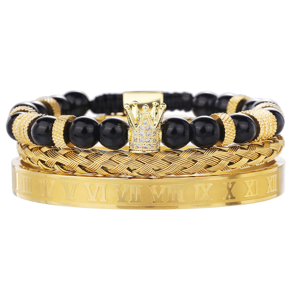 Punk Hip-hop Geometric Crown Drip Oil Titanium Steel Brass Plated Cubic Zirconia Agate Bracelet Set for Men