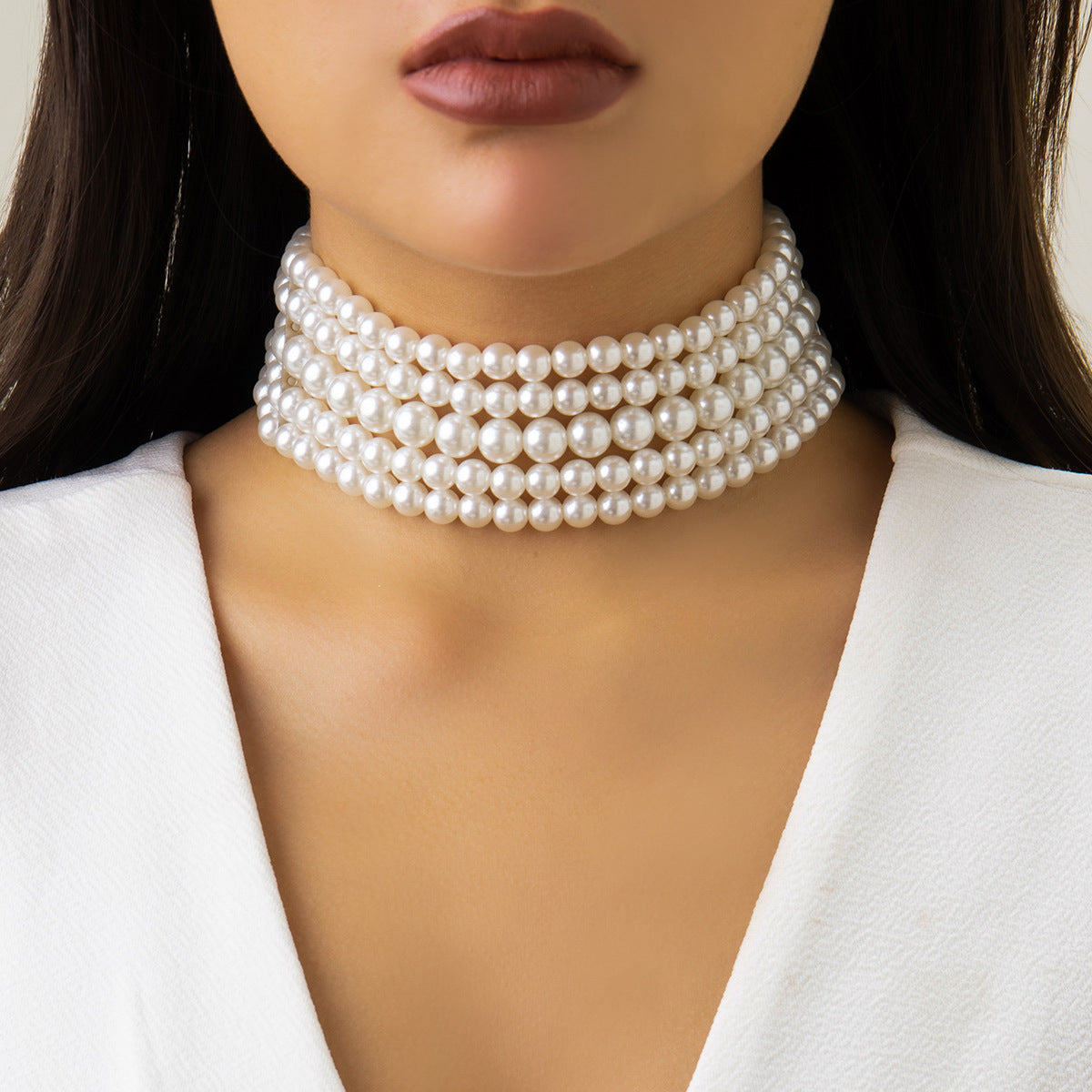French Vintage Style Heart-Shaped Multi-Layer Imitation Pearl Necklace with Rhinestone Accents and Pearl Chain for Women